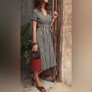 Sézane Marielle true wrap cotton dress, black and white gingham, FR 36